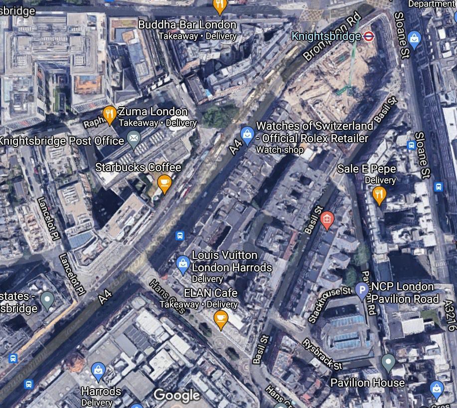 Map of Knightsbridge showing Brompton Road, Lancelot Place and Trevor Square.
