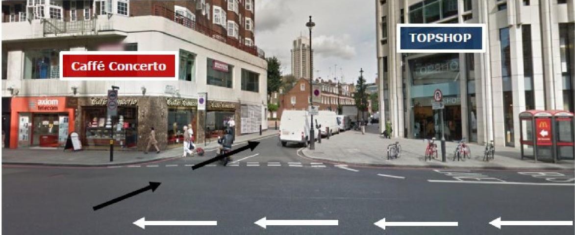 Street view of the TOPSHOP corner with arrows showing the turn onto Lancelot Place.