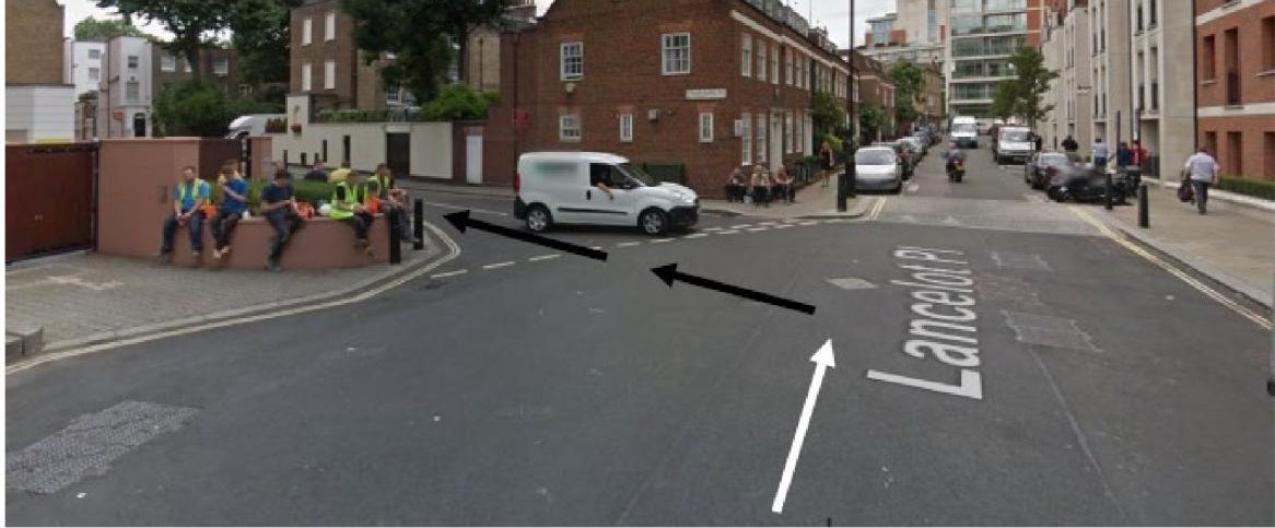 Street view of Lancelot Place with arrows showing the turn onto Trevor Square.