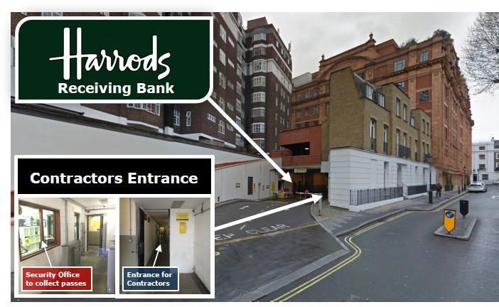 Photo of the Harrods Receiving Bank contractors' entrance and the security office where passes are collected.